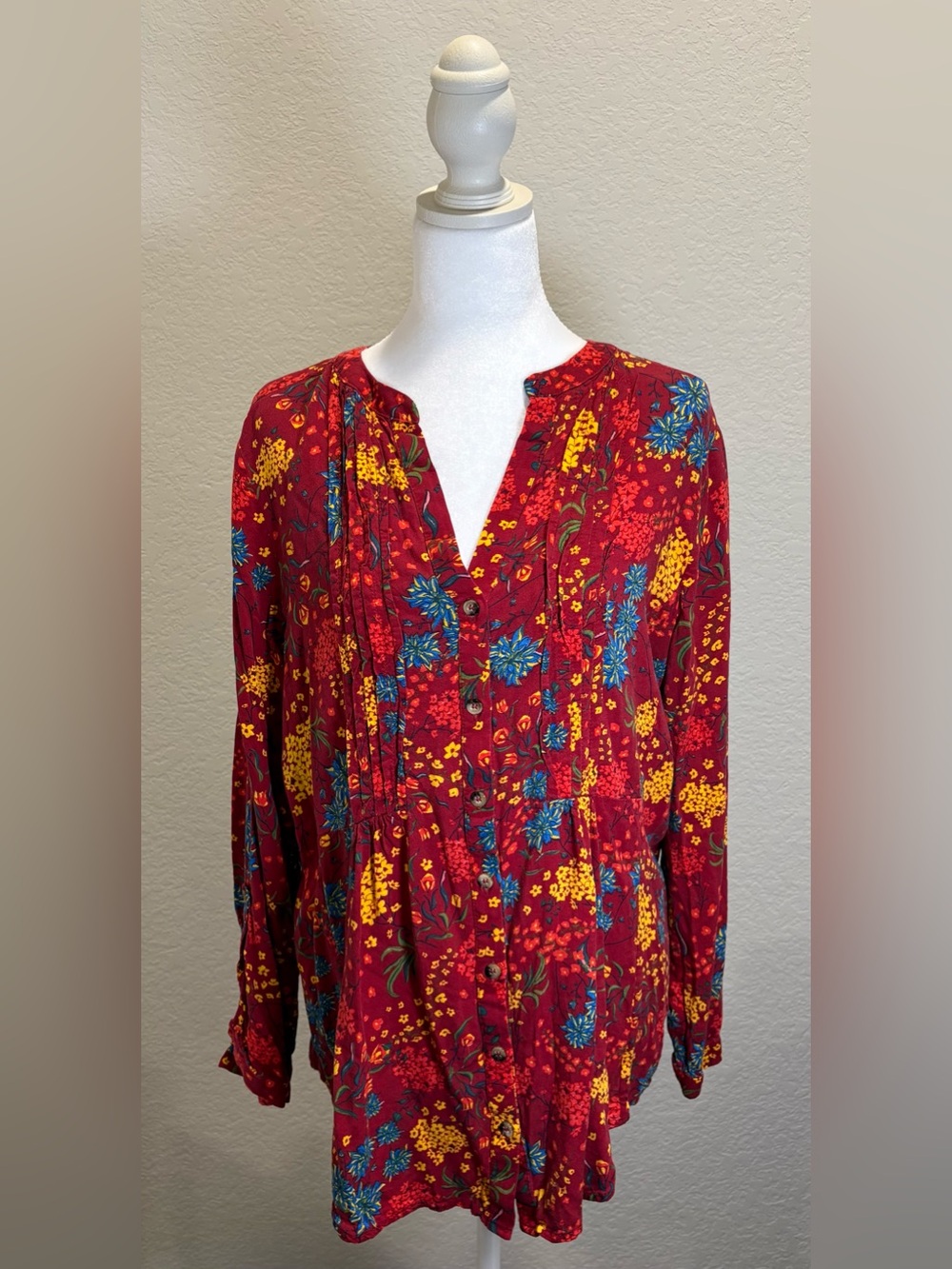 Maeve Anthropologie Burgundy Floral Pintuck Blouse XL
